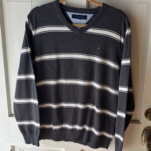 Tommy Hilfiger Men’s Dark Gray V-Neck Sweater with White Stripes